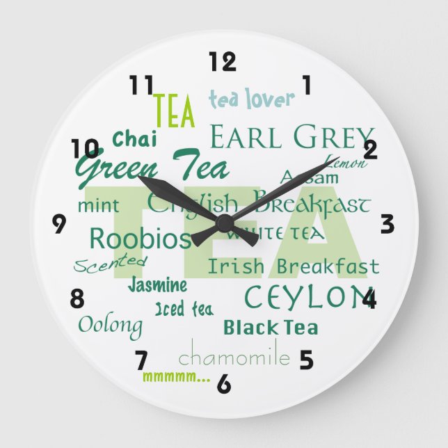 Reloj Redondo Grande Tea Lover-Shades of Green Word Cloud (Anverso)