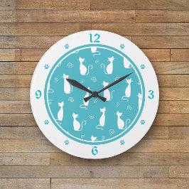 Reloj Redondo Grande Teal and White Cats Pattern