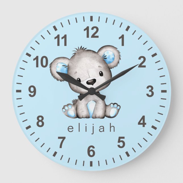 Reloj Redondo Grande Teddy Bear Baby Boy Blue personalizado (Anverso)