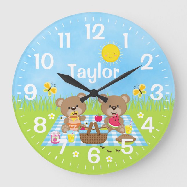 Reloj Redondo Grande Teddy Bear Picnic Blue (Anverso)