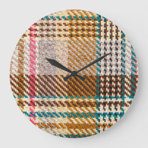 Reloj Redondo Grande Tela de cuadros marrones, lana escocesa.