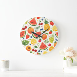Reloj Redondo Grande Tela de Patrón de Frutas de Verano | Sandía Tropic