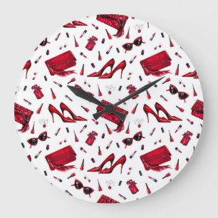 Reloj Redondo Grande Telas rojas, patrón de accesorios de moda.