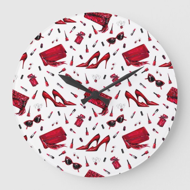 Reloj Redondo Grande Telas rojas, patrón de accesorios de moda. (Anverso)