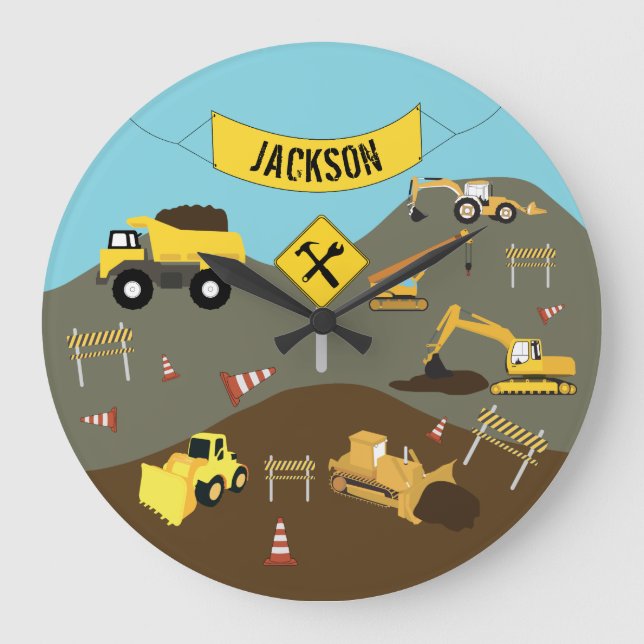 Reloj Redondo Grande Tema del sitio de camiones de construcción (Anverso)