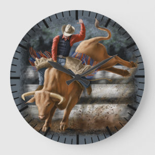 Reloj Redondo Grande Tema Occidental de Vaquero de Rodeo con Toro Salva