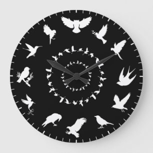 Reloj Redondo Grande Temática de siluetas blancas de aves silvestres ún