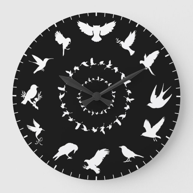 Reloj Redondo Grande Temática de siluetas blancas de aves silvestres ún (Anverso)