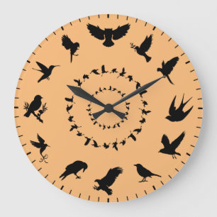 Reloj Redondo Grande Temática de siluetas negras de aves silvestres úni