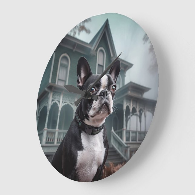 Reloj Redondo Grande Temeroso susto de Halloween en Boston Terrier (Ángulo)