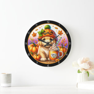 Reloj Redondo Grande Temporada de calabaza adorable cachorro Tema de ot