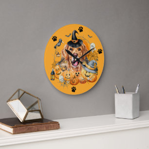 Reloj Redondo Grande Temporada Espeluznante Calabaza Golden Retriever H
