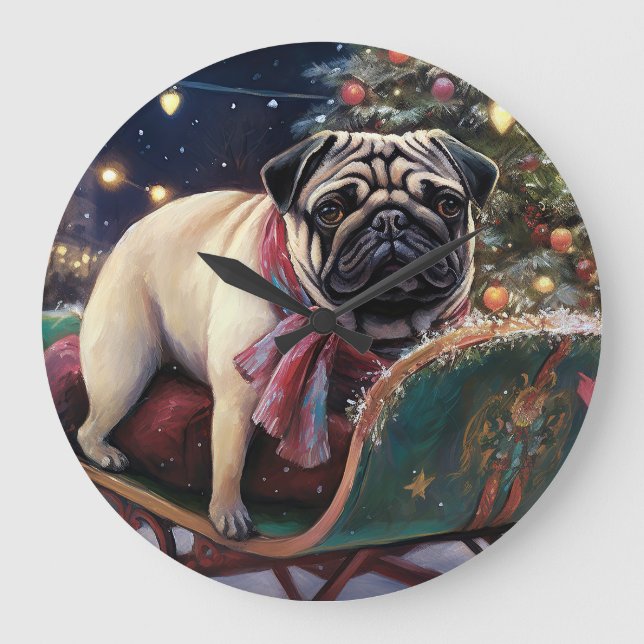 Reloj Redondo Grande Temporada festiva de los Navidades Pug (Anverso)