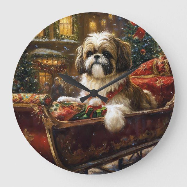 Reloj Redondo Grande Temporada festiva de los Navidades Shih Tzu (Anverso)