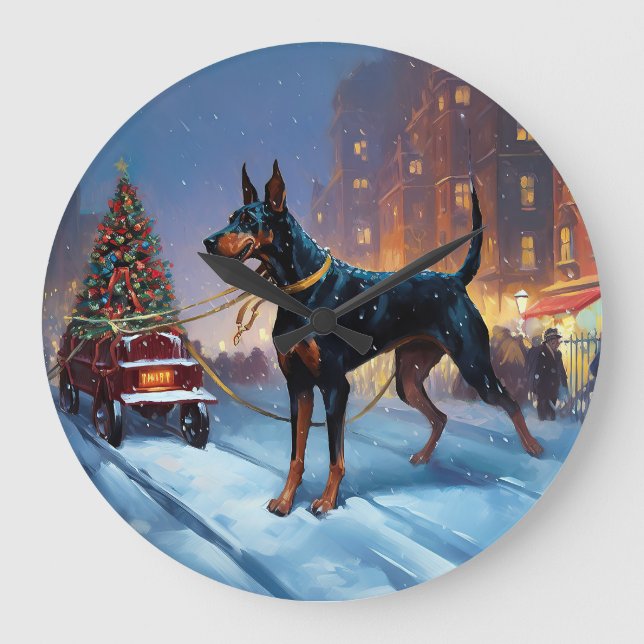 Reloj Redondo Grande Temporada festiva de Navidades Doberman (Anverso)