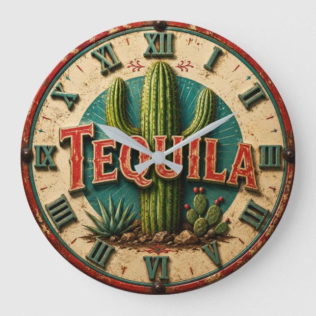 Reloj Redondo Grande Tequila Cactus Rustic Mexican Bar Desert Home Gift (Anverso)