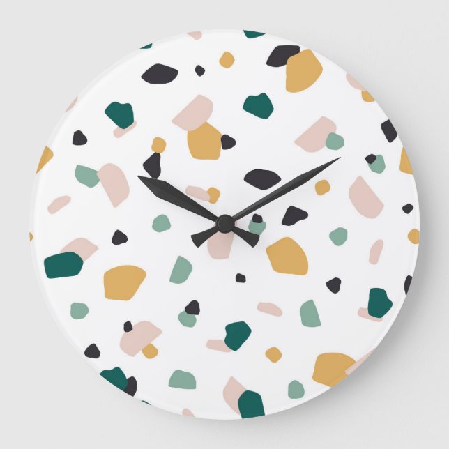 Reloj Redondo Grande Terrazo de moda verde naranja rosa patrón negro (Anverso)
