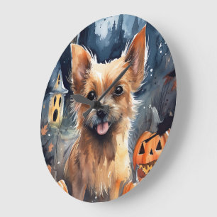 Reloj Redondo Grande Terrier australiano de Halloween con calabazas tem