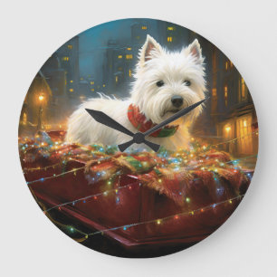 Reloj Redondo Grande Terrier Blanco de West Highland Navidad Festiva