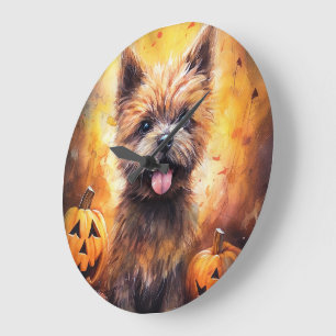 Reloj Redondo Grande Terrier de Cairn de Halloween con calabazas aterra