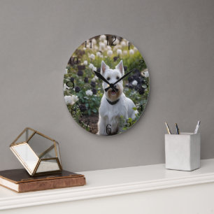 Reloj Redondo Grande Terrier escocés blanco con Rosas blancos negros,