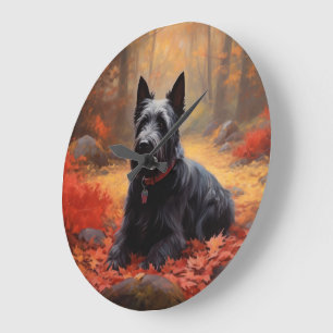 Reloj Redondo Grande Terrier Escocés en Otoño Hojas Caídas Inspiran