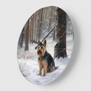 Reloj Redondo Grande Terrier Sedoso Deja que nieve Navidad
