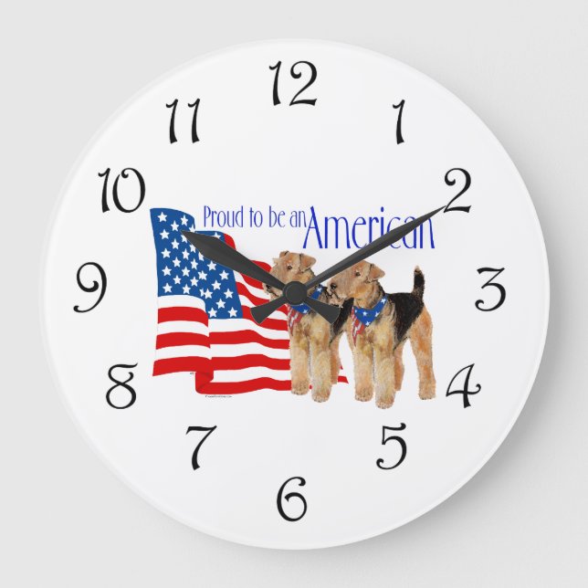 Reloj Redondo Grande Terriers Airedale Patrióticos (Anverso)