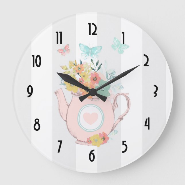 Reloj Redondo Grande Tetera rosada con las flores y las mariposas (Anverso)