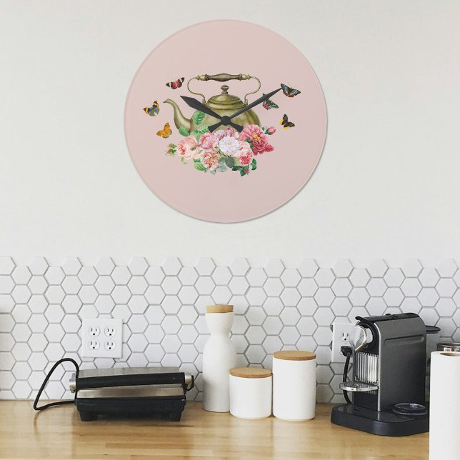 Reloj Redondo Grande Teterera Fiesta Rosa Floral y Mariposas Cocina (Teapot Party Pink Floral & Butterflies Kitchen Large Clock)