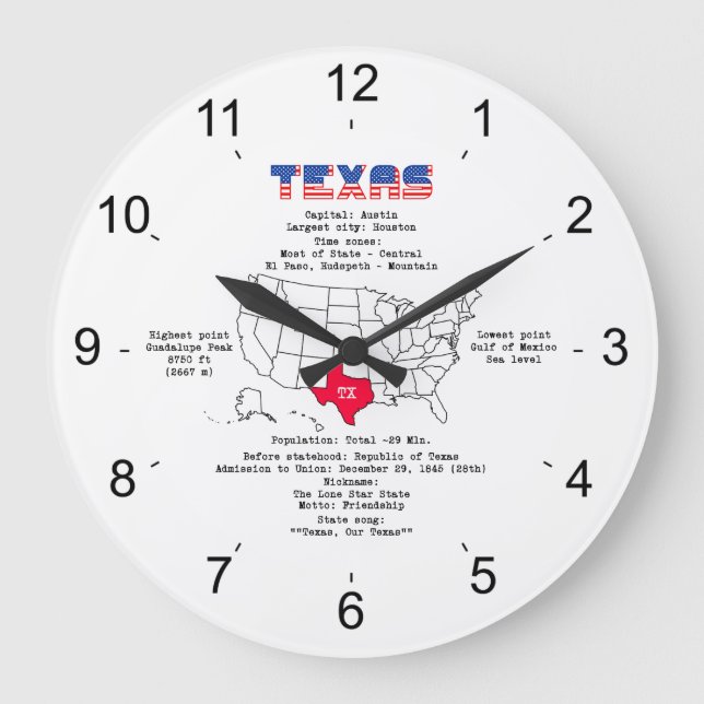 Reloj Redondo Grande Texas American state on a map and useful info (Anverso)