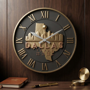 Reloj Redondo Grande Texas Dallas Skyline Gold Black