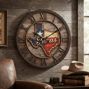 Reloj Redondo Grande Texas Flag Wood Rustic Rope Trim