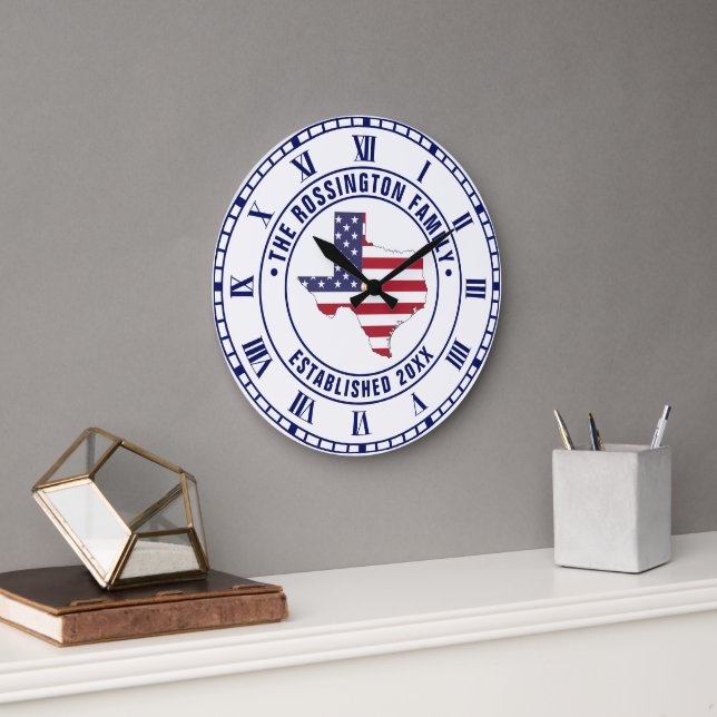 Reloj Redondo Grande Texas USA Stars Stripes Map Nombre de la familia D (Oficina)