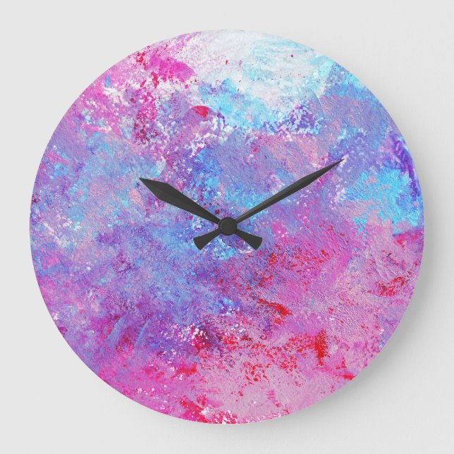 Reloj Redondo Grande Textura creativa rosa-azul, manchas de pintura. (Anverso)
