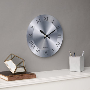 Reloj Redondo Grande Textura de acero inoxidable metálico Monograma per