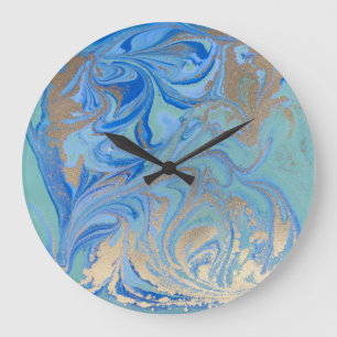Reloj Redondo Grande Textura de acuarela líquida de oro azul
