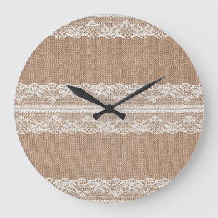 Reloj Redondo Grande Textura de encaje blanco-negro de Burlap marrón