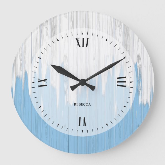 Reloj Redondo Grande Textura de madera pintada de blanco y azul (Anverso)
