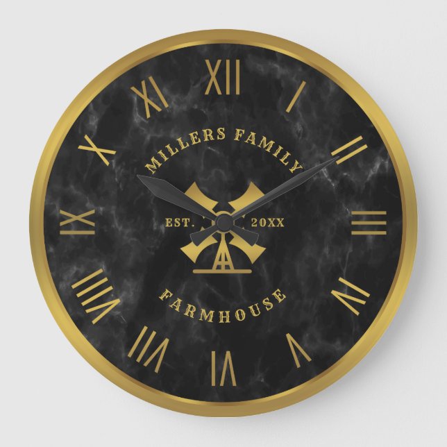 Reloj Redondo Grande Textura de Mármol Negro Fam House Numero romano (Anverso)