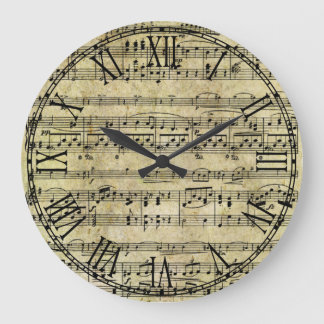 Reloj Redondo Grande Textura de papel de notas antiguas de la música vi