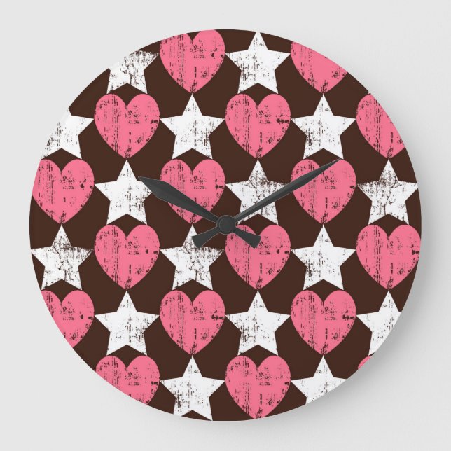 Reloj Redondo Grande Textura Retro Threadbare Hearts Stars (Anverso)