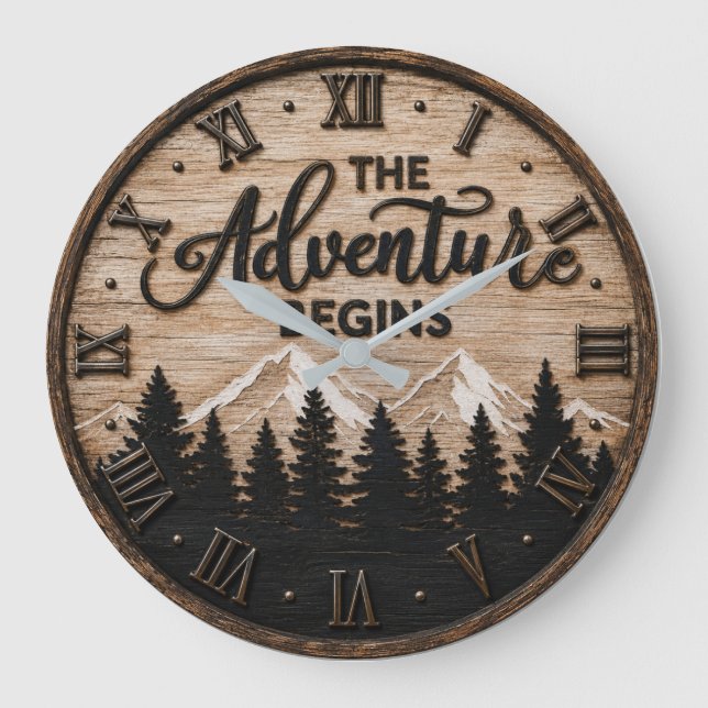 Reloj Redondo Grande The Adventure Begins Rustic Mountain Cabin (Anverso)