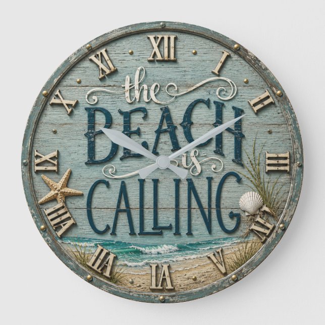 Reloj Redondo Grande The Beach Is Calling Rustic Beach House Ocean  (Anverso)