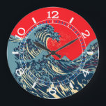 Reloj Redondo Grande The Great Hokusai Wave in Pop Art Style Dial on a<br><div class="desc">A custom design inspired by the Great Wave of Kanagawa painted by ancient Japanese artist Hokusai. It is rendered in a vibrant blue pop art style. Sounds good,  a great clock face gift idea. Message</div>