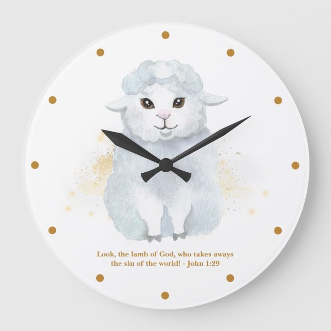 Reloj Redondo Grande The Lamb Of God Illustration Baby Kids' Nursery (Anverso)