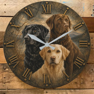 Reloj Redondo Grande Three Labrador Retrievers Rustic Bronze Roman Nume