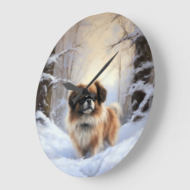 Reloj Redondo Grande Tibetan Spaniel Deja que nieve Navidad  (Ángulo)