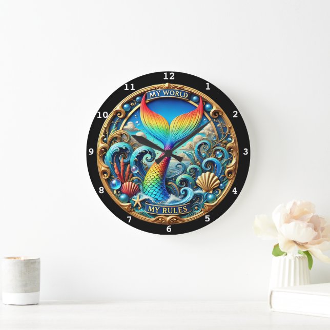 Reloj Redondo Grande Tiempos del Océano de la sirena arcoiris (Hogar)