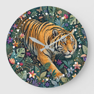 Reloj Redondo Grande Tigre con ojos ámbar, follaje de jungla de fantasí